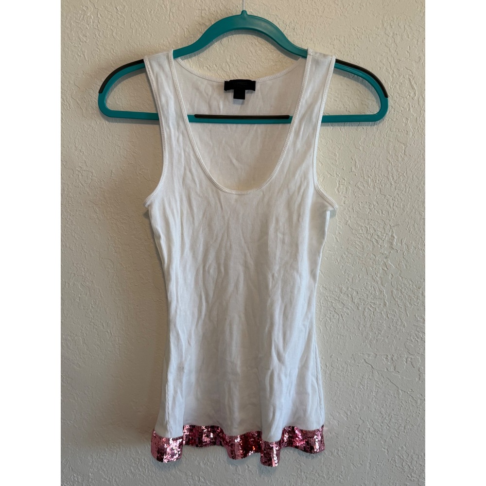 Express‎ White Ribbed Pima Cotton Tank Top Pink Sequin Hem Size L